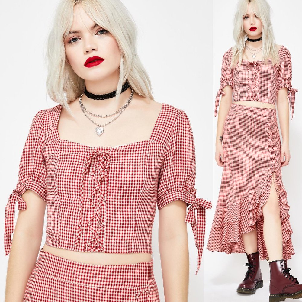 Red Gingham Lace Up Square Neck Bow Cute Crop Top